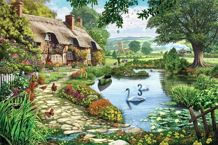 дом и лебеди - озеро, домик, природа, лебеди - оригинал