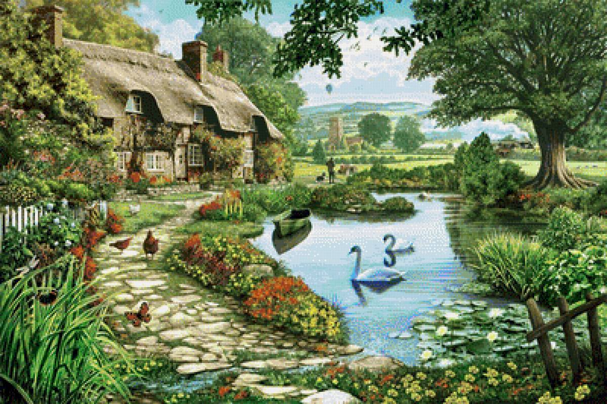 дом и лебеди - озеро, природа, домик, лебеди - предпросмотр