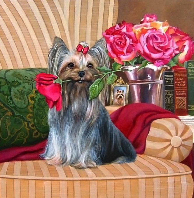 №1334441 - розы, квартира, собачка, интерьер, йоркширский терьер - оригинал