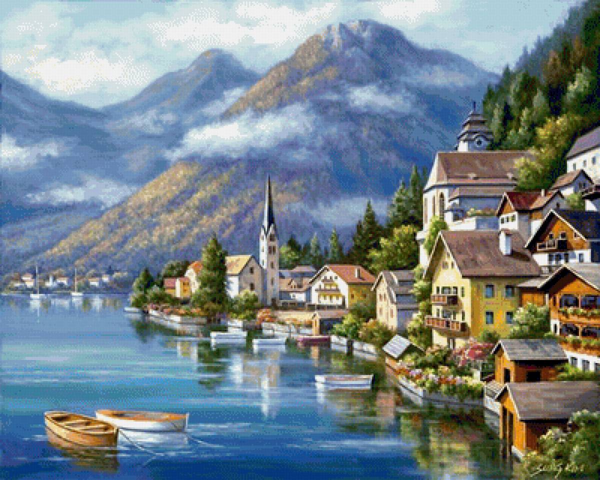 райский городок - пейзаж, домик, озеро, природа - предпросмотр