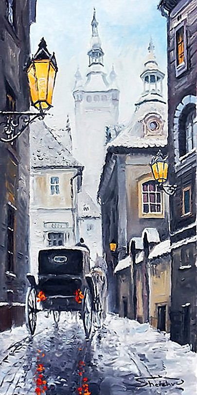Худ. Юрий Шевчук. Старая Прага. - прага, карета, живопись., город - оригинал
