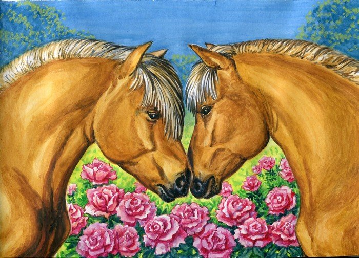 лошадки - розы, цветы, животные, лошади - оригинал