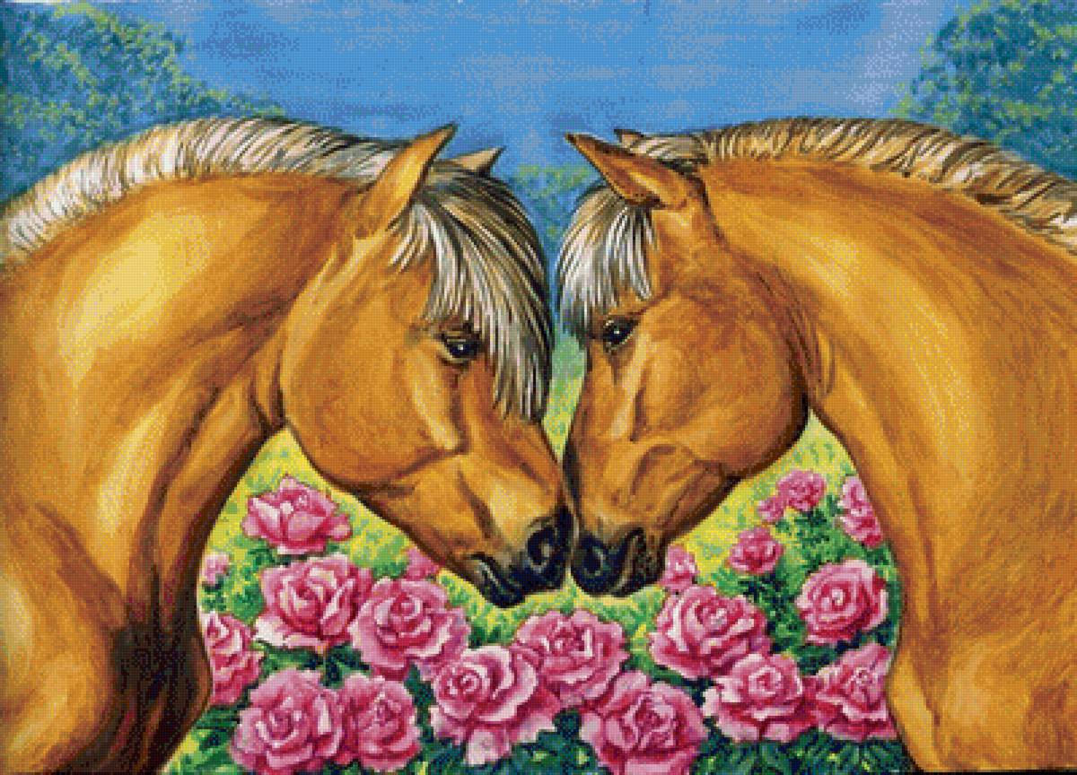 лошадки - лошади, животные, розы, цветы - предпросмотр