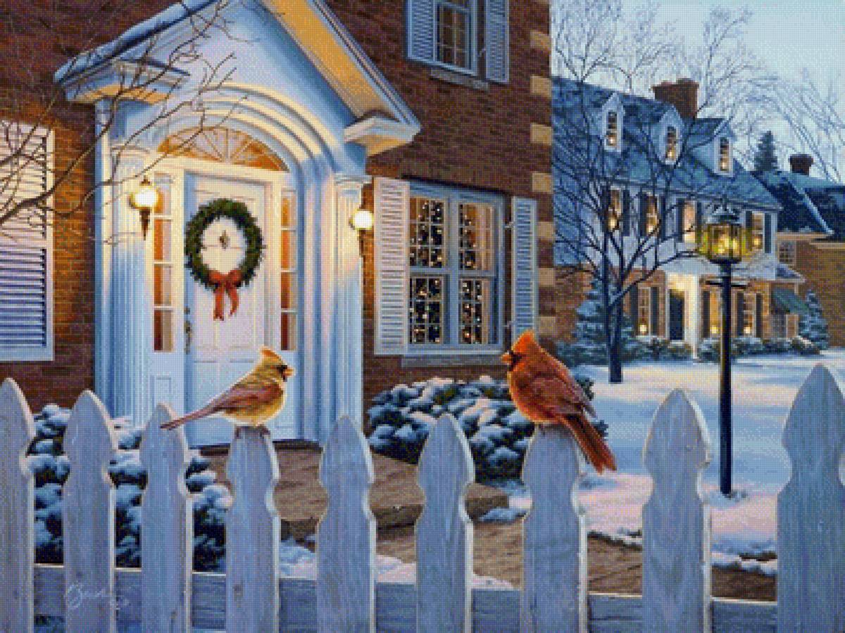 зимний день - деревня, птицы, природа, пейзаж, зима - предпросмотр