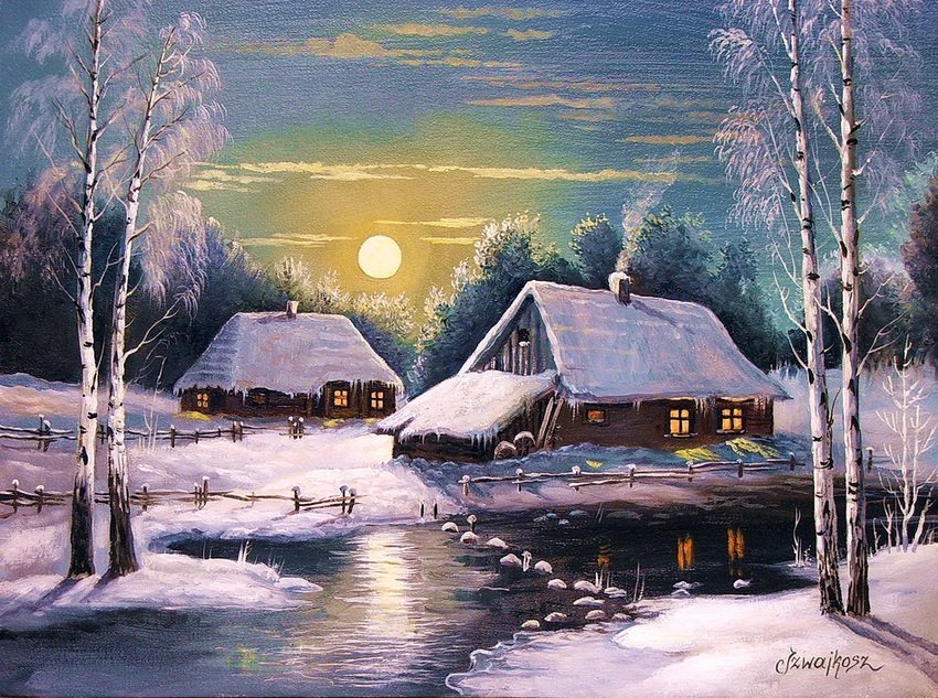 зима в деревне - река, деревня, зима, береза, пейзаж - оригинал