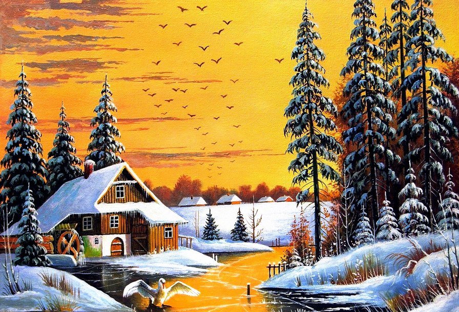 Серия "Зима пришла" - закат, лес, домики, зима, снег - оригинал