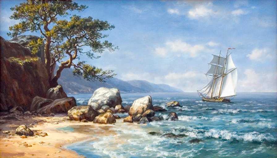 Морская прогулка по картине Слободина Е. - дерево, волны, парус, моря - оригинал