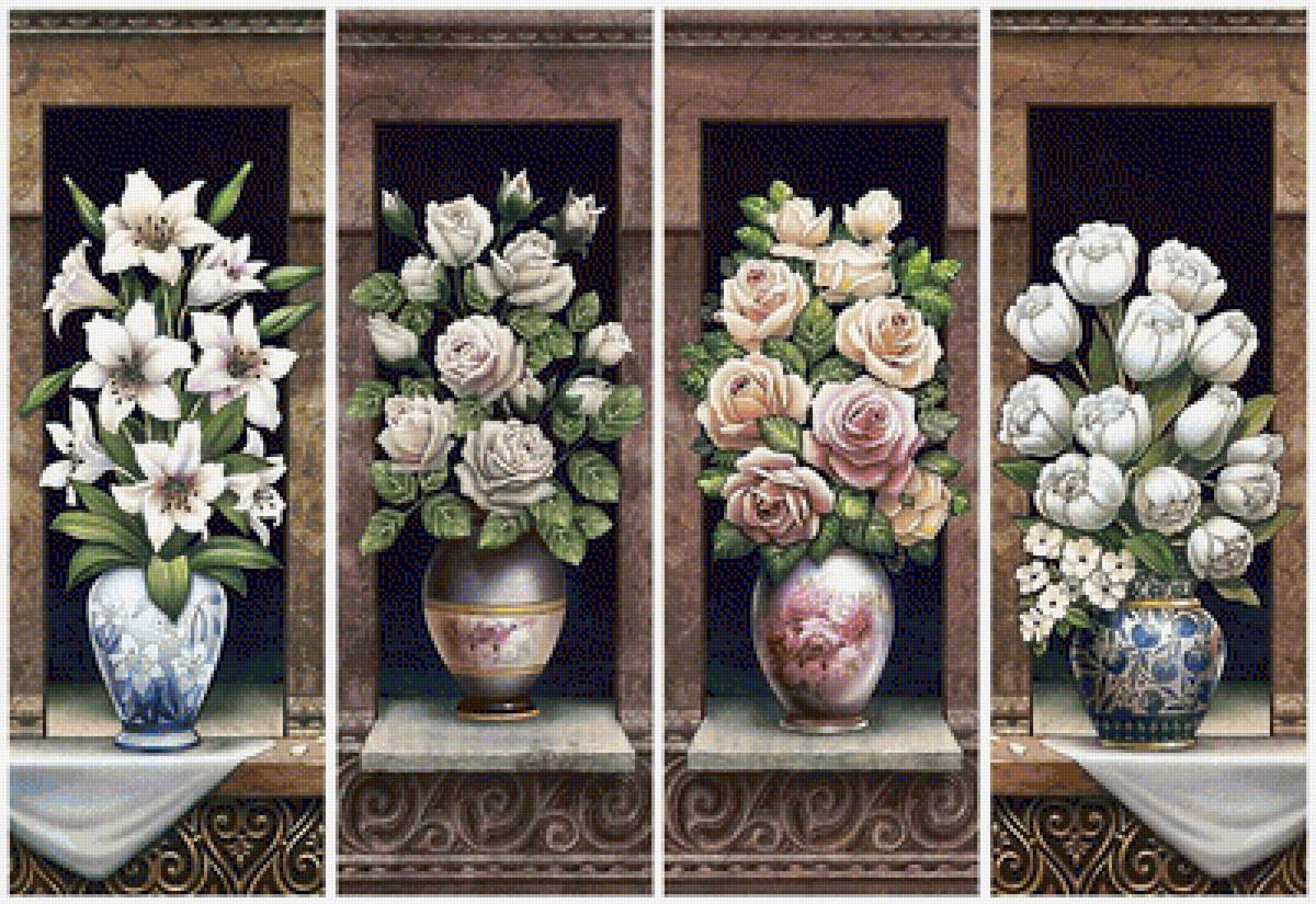 белые цветы - лилии, розы, полиптих, белые цветы, ниша, букет, тюльпаны - предпросмотр