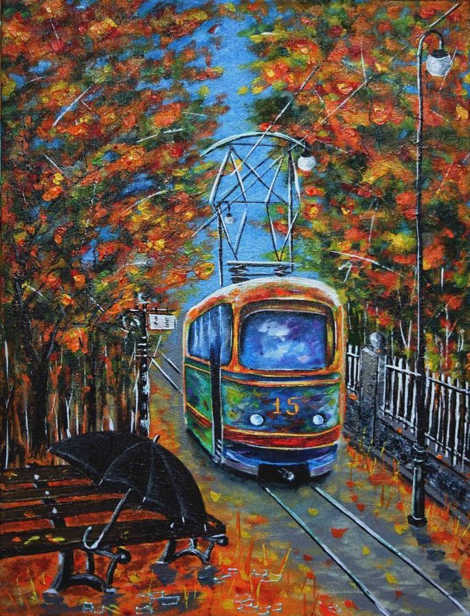 осенний трамвай - осень, город, транспорт - оригинал