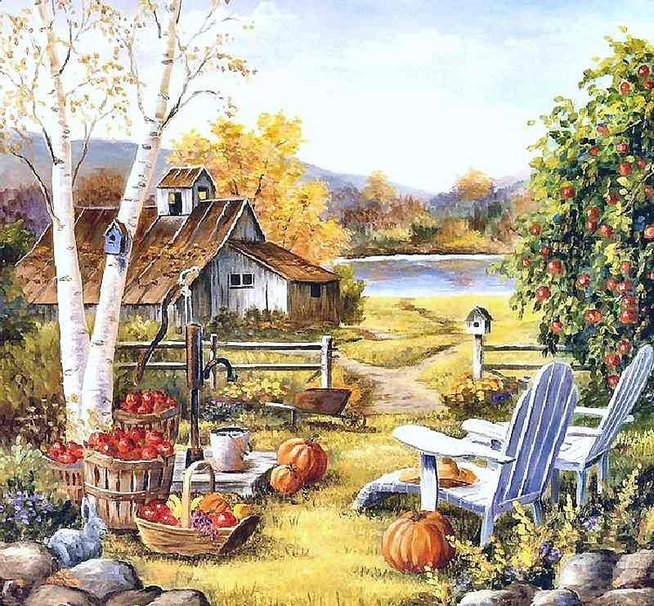 Уютный мир - фрукты, озеро, домик, уют - оригинал