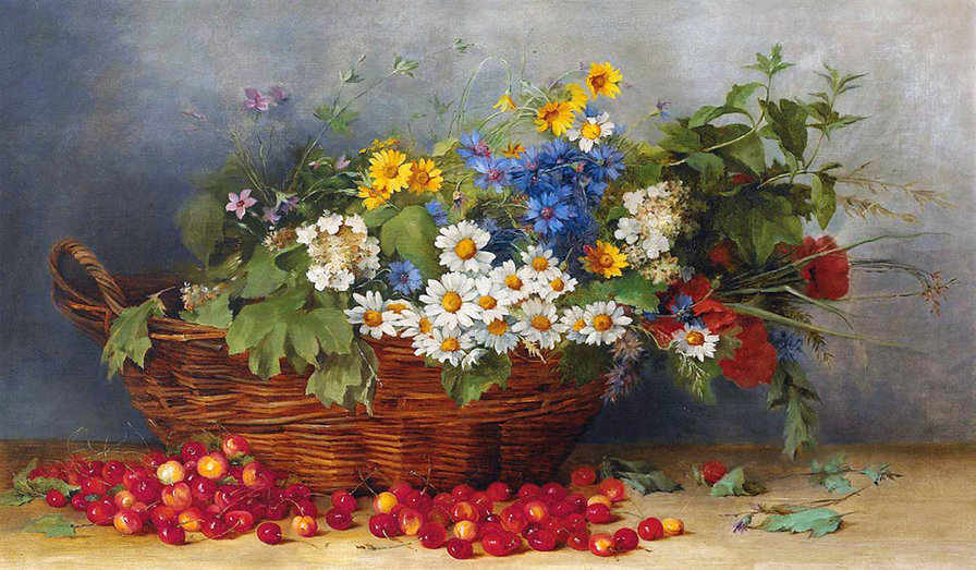 Натюрморт с черешней - природа, корзина, ягоды, цветы - оригинал