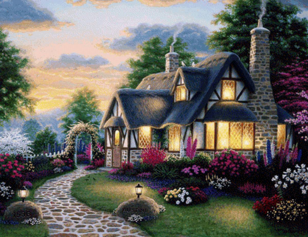 пейзаж - пейзаж, домики, цветы - предпросмотр