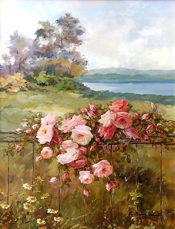 Худ. R. Mfsson Benoit.Пейзаж с розами. - розы, пейза, живопись. - оригинал