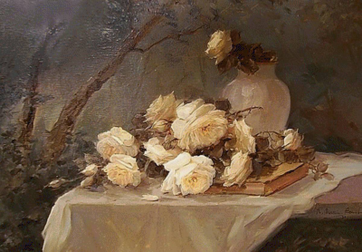Худ. R. Masson Benoit. Натюрморт с розами и книгой. - розы, цветы, живопись., книга, натюрморт - предпросмотр