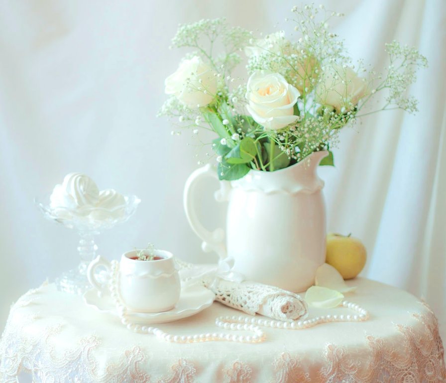 Зефирное утро 2 - розы, белое, натюрморт, зефир, жемчуг, нежность, утро - оригинал