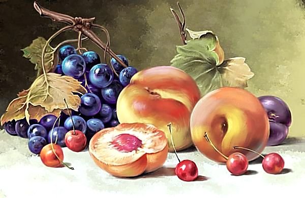 Натюрморт с персиками и виноградом. - виноград, живопись., персики, натюрморт - оригинал