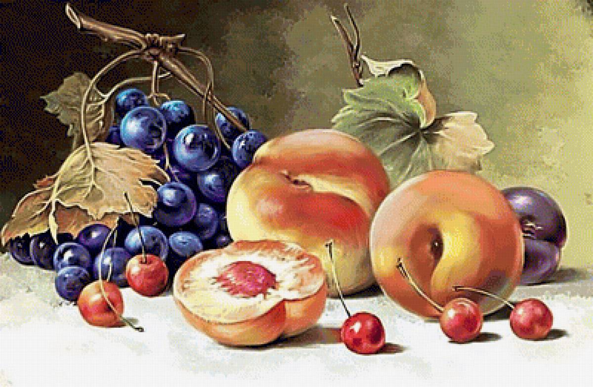 Натюрморт с персиками и виноградом. - живопись., персики, виноград, натюрморт - предпросмотр