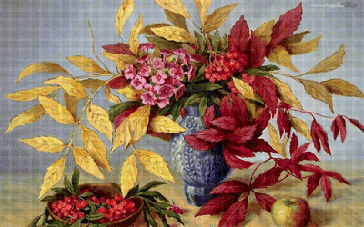 Натюрморт с рябиной - листья, цветы, ваза, рябина - предпросмотр