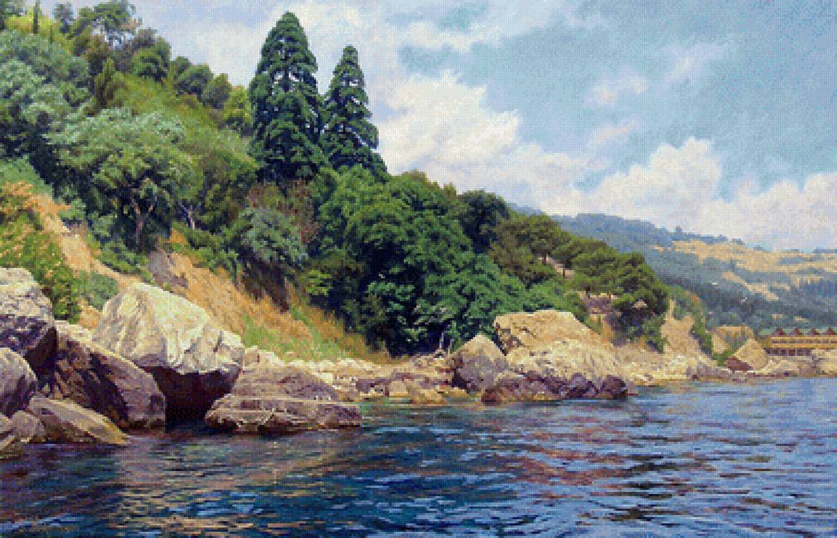 Побережье Алупки по картине Кириченко Геннадия - берег, природа, деревья, море - предпросмотр