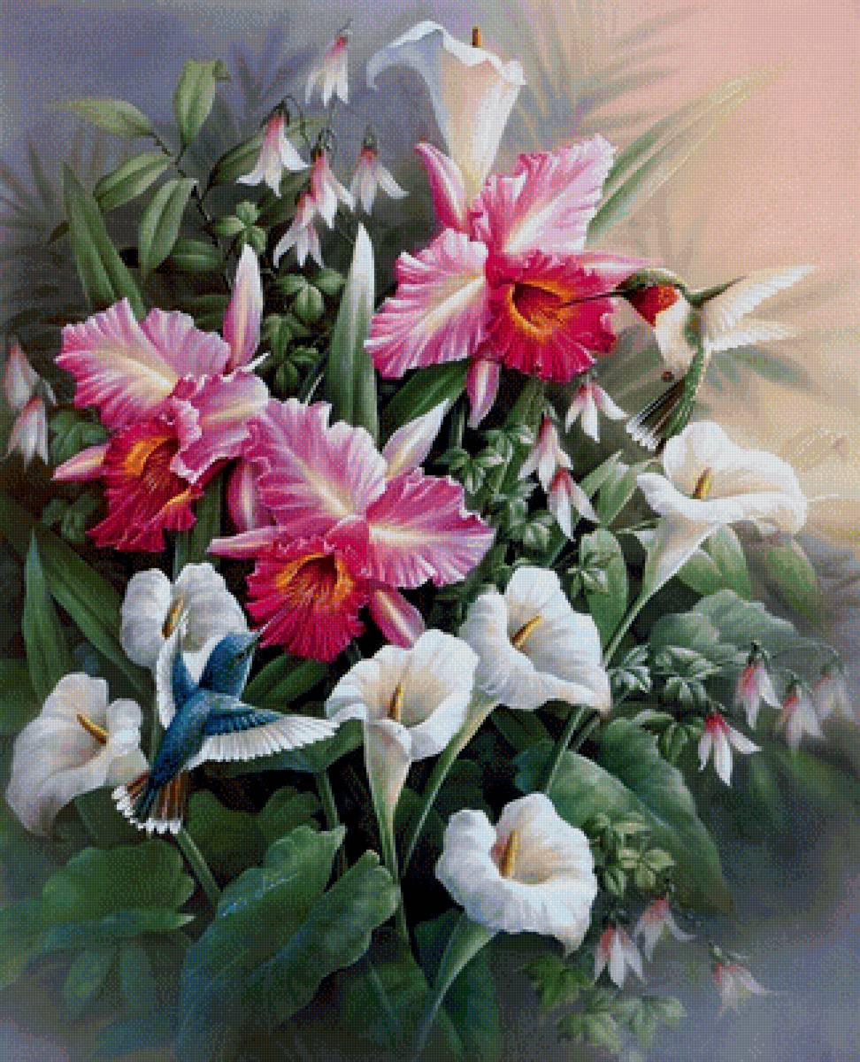 Птички в цветах - птицы, цветы, натюрморт - предпросмотр