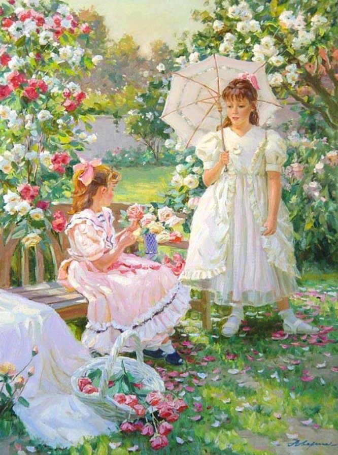 Девочки в саду - дети, сад, цветы - оригинал