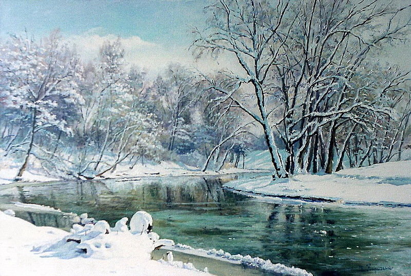 Зимний лес по картине Г. Кириченко - зима, снег, солнце, речка - оригинал