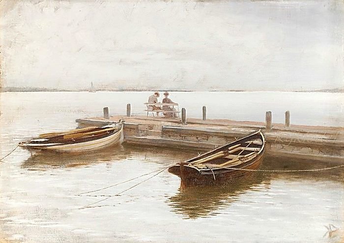 Худ. Кнут Эквалл. Свидание. - люди, море, причал, лодки, живопись. - оригинал