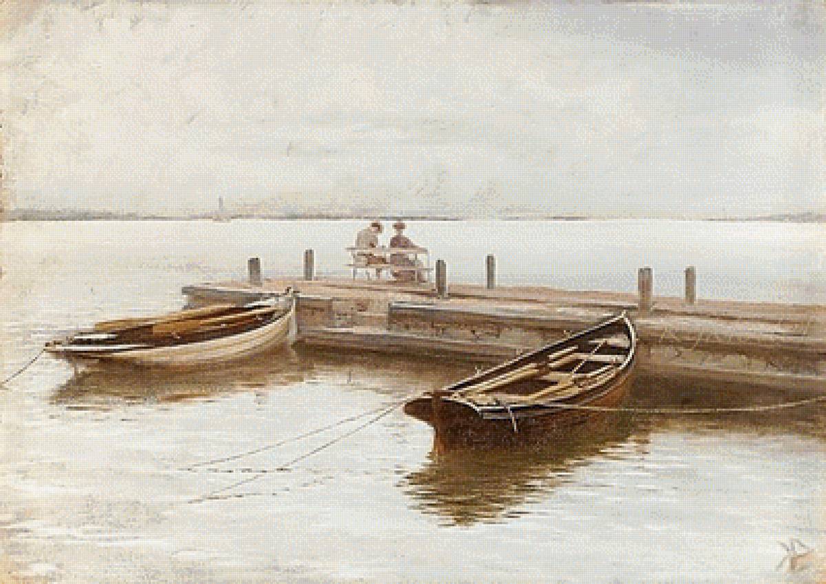 Худ. Кнут Эквалл. Свидание. - люди, лодки, море, живопись., причал - предпросмотр