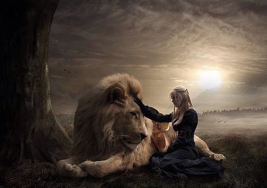 Лев с девушкой - лев девушка дерево - оригинал