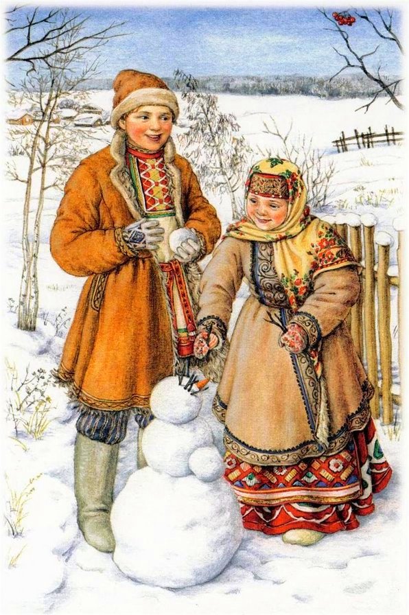 зимняя забава - картина, зима, живопись, дети - оригинал