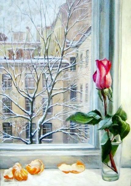 Зима - розы, натютморт, ваза, зима, окно, дерево - оригинал