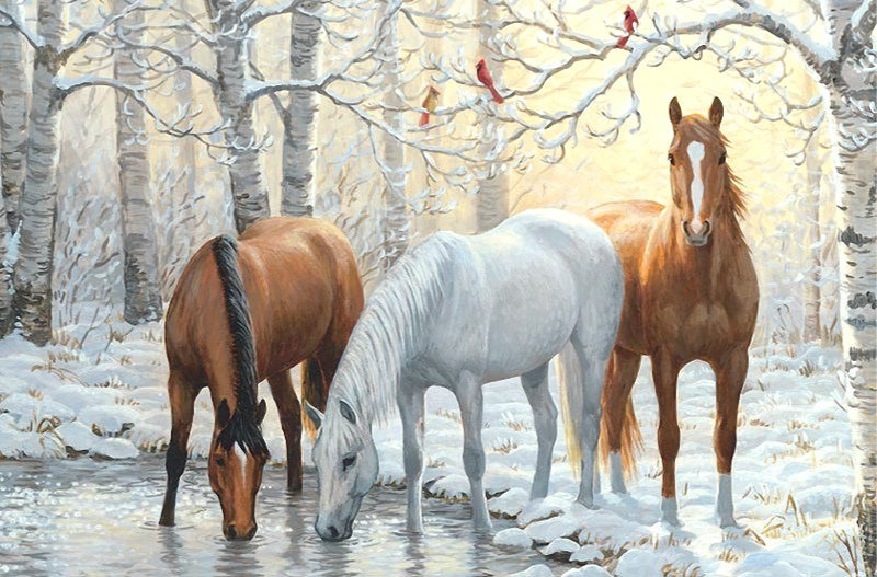 Серия "Фауна" - кони, на водопое, снег, лес, зима, лошади - оригинал