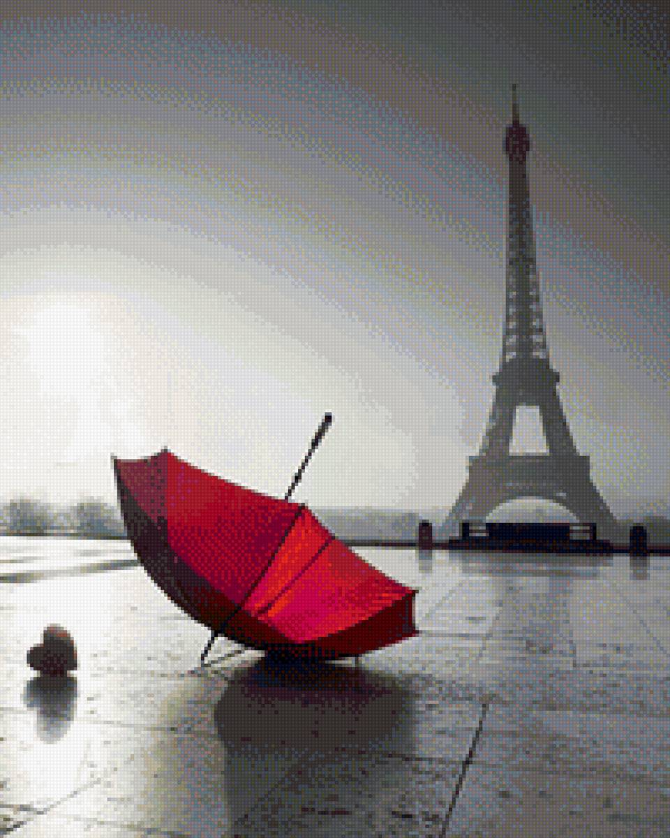 Красный зонтик - романтика, зонтик, париж, зонт, черно-белое, сердечко, монохром - предпросмотр