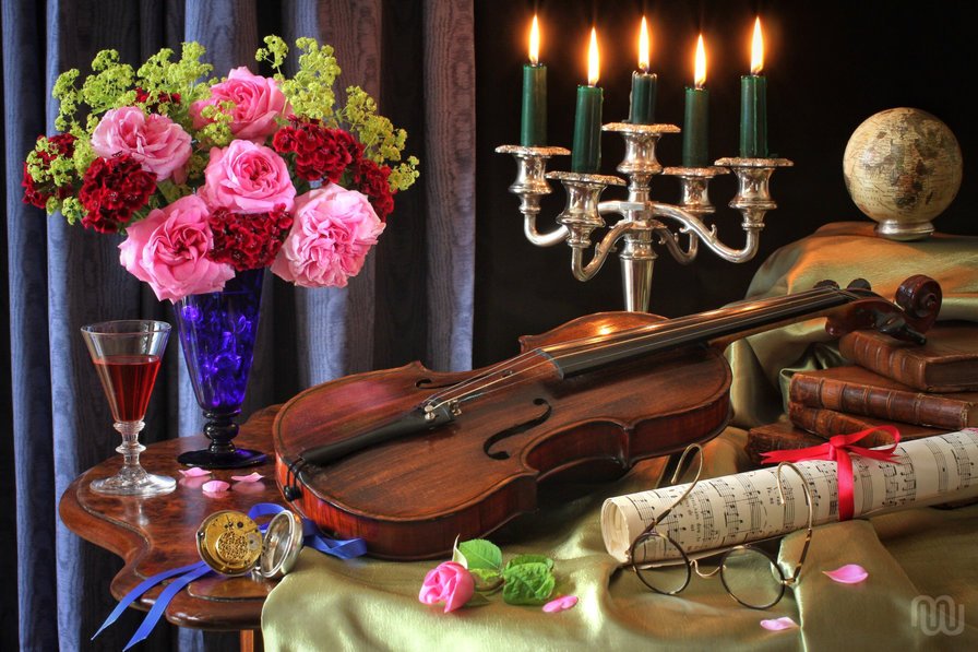 Музыкальный вечер 2 - скрипка, розы, гостиная, музыка, рояль, дом - оригинал