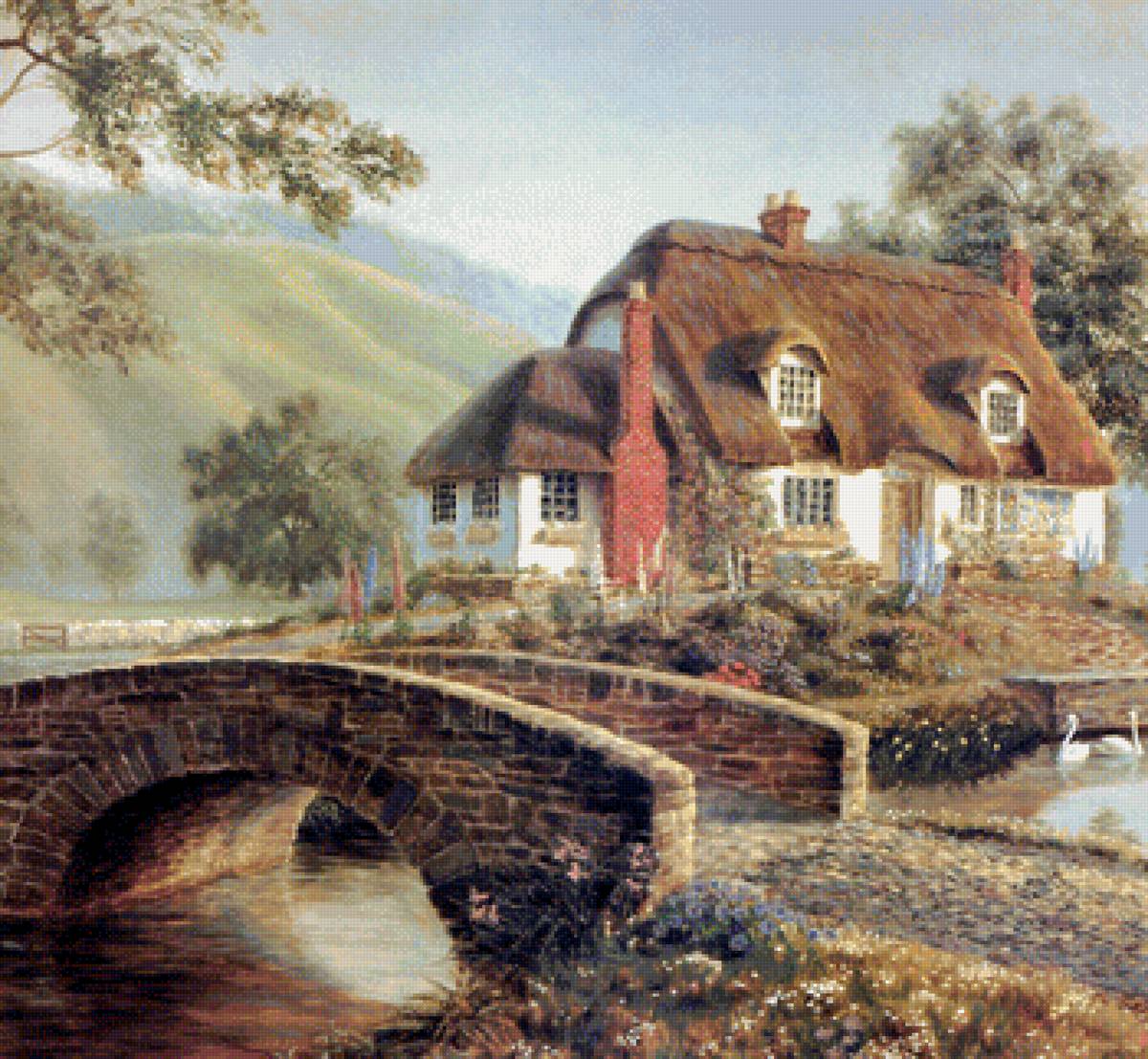 У реки - пейзаж, дом, мост - предпросмотр