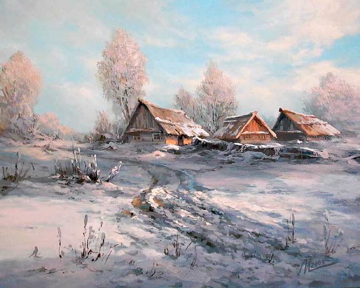 деревенский пейзаж - зима, избушка, деревня, снег - оригинал