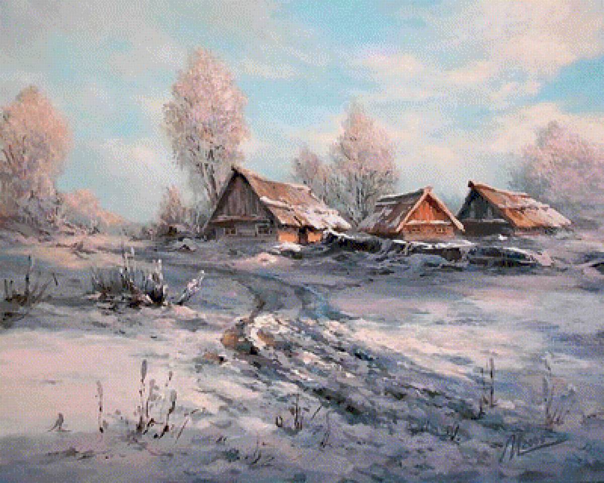 деревенский пейзаж - снег, избушка, деревня, зима - предпросмотр