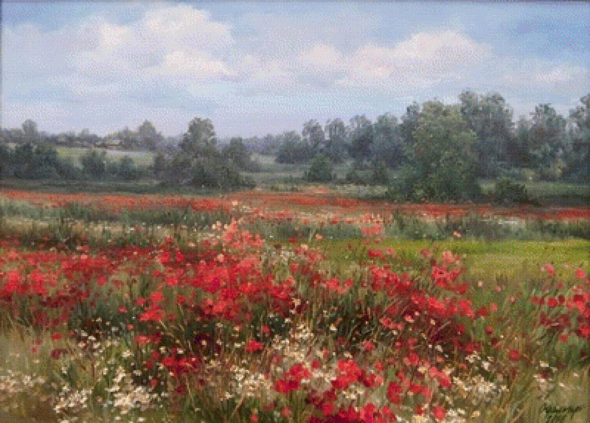 картина Ольги Одальчук - лес, поле, ромашки, лето, маки - предпросмотр