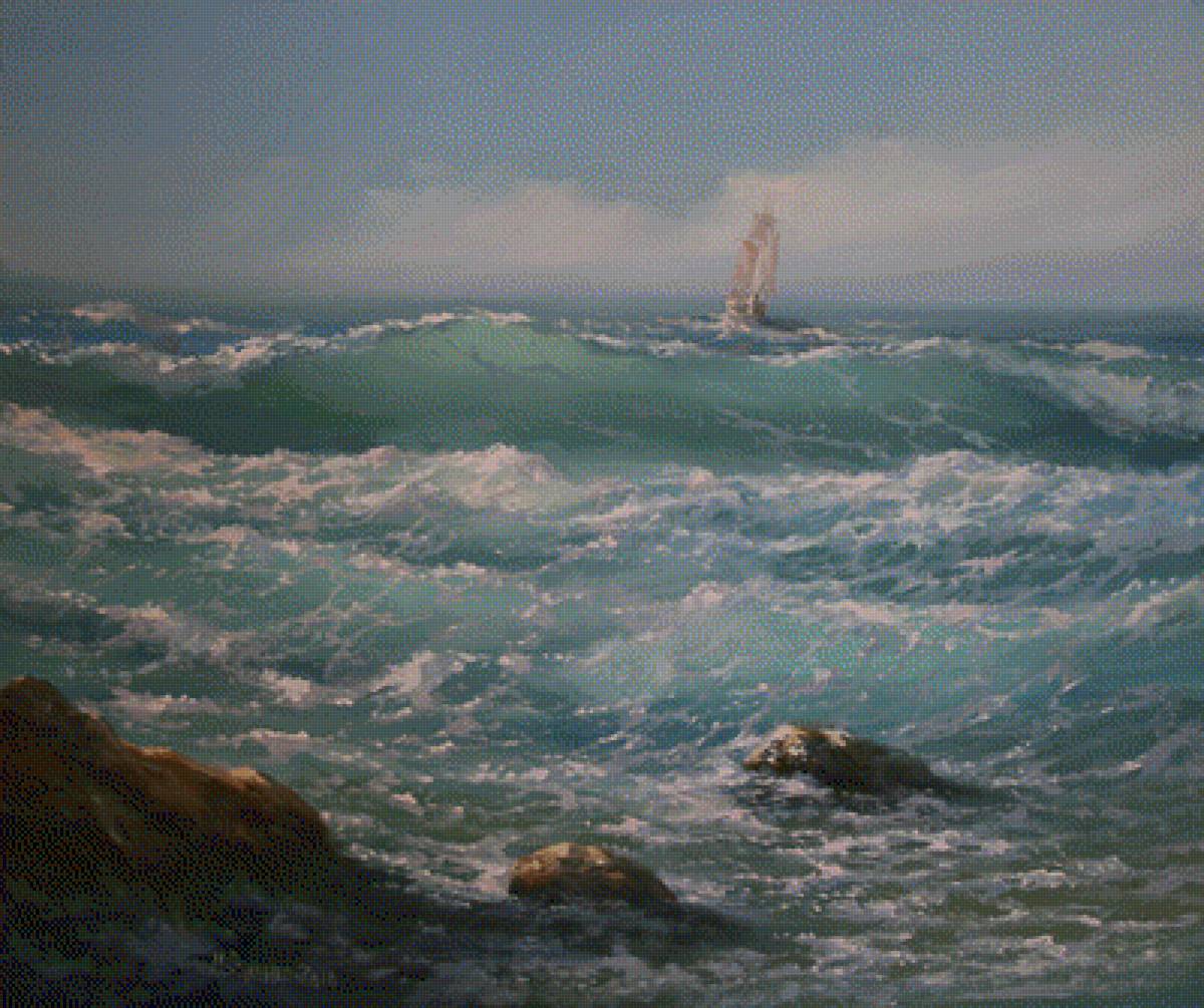 море - шторм, горы, море, чайки, парусник - предпросмотр