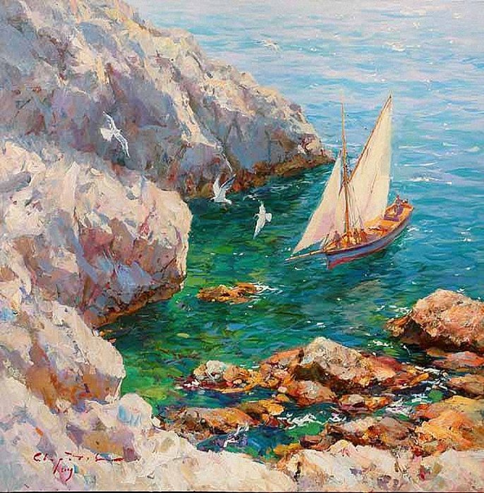 море - море, горы, чайки, лето, парусник - оригинал