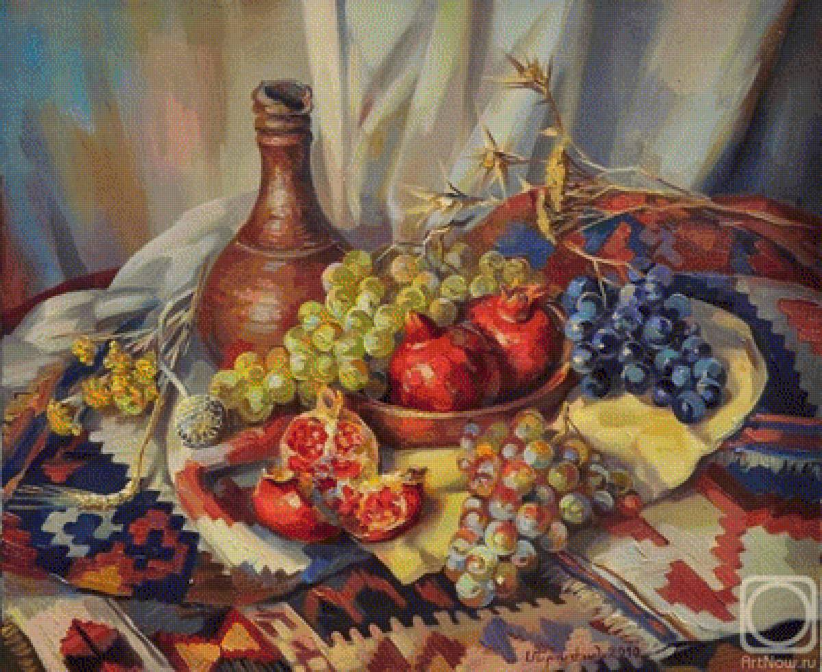 натюрморт - осень, гранат, виноград, фрукты, кувшин - предпросмотр