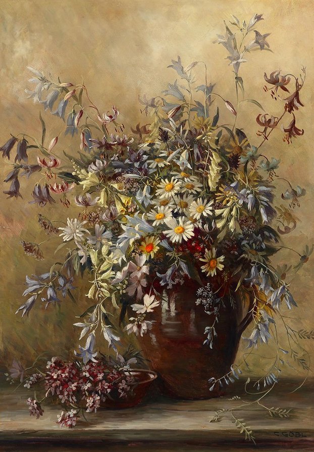 цветы в вазе - ромашки, полевые цветы, колосья - оригинал