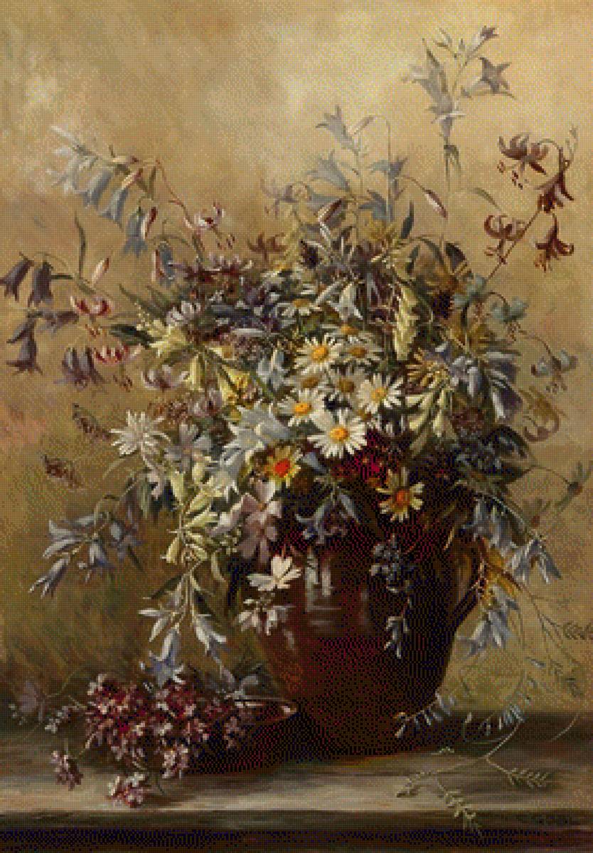 цветы в вазе - колосья, полевые цветы, ромашки - предпросмотр