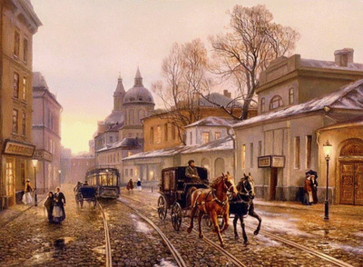 по булыжной мостовой - картина, живопись, улица - предпросмотр