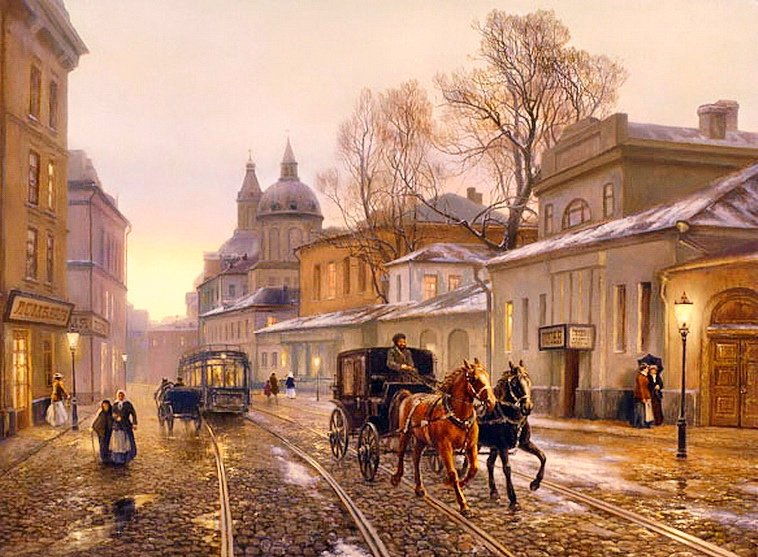 по булыжной мостовой - живопись, улица, картина - оригинал