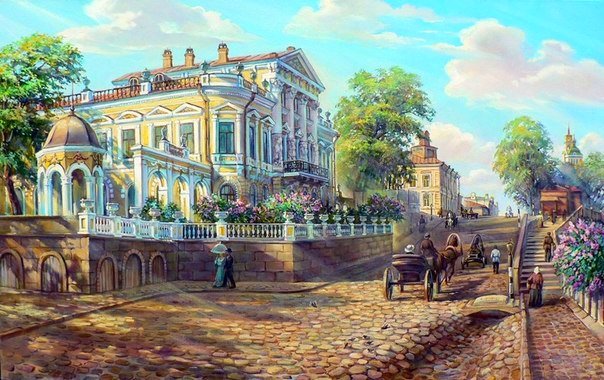 прогулка по булыжной мостовой - природа, живопись, лето, картина - оригинал