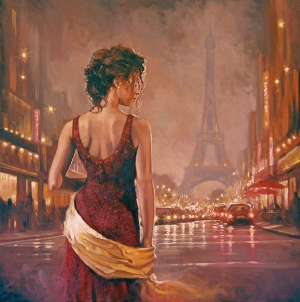 О! Париж! - вечерние огни, эфилева башня, париж, город, девушка в красном - оригинал