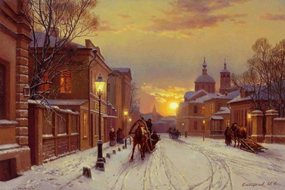 зимняя улица - улица, зима, живопись, картина - предпросмотр