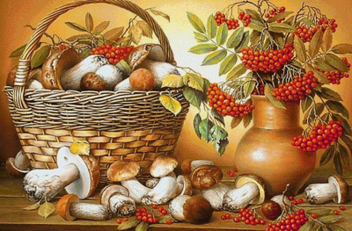 осенние дары - грибы, натюрморт, ягоды, рябина, корзина - предпросмотр