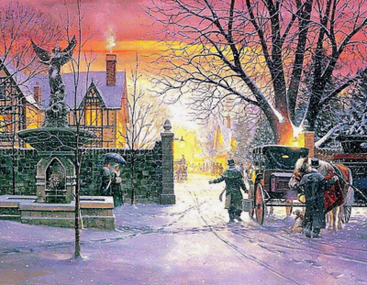 зимний закат - зима, живопись, картина, снег - предпросмотр